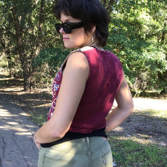 Vintage womens sweater vest M knit patchwork mix pattern button v-neck 80s 90s - Picture 6 of 13